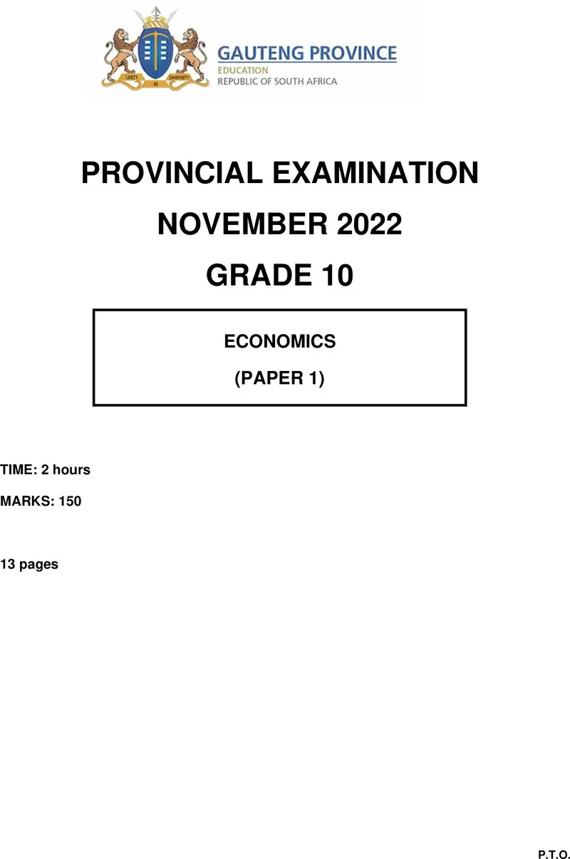 Grade 10 Economics past paper 2022 – grade 10 provincial exam economics p1 ng november 2022 qp