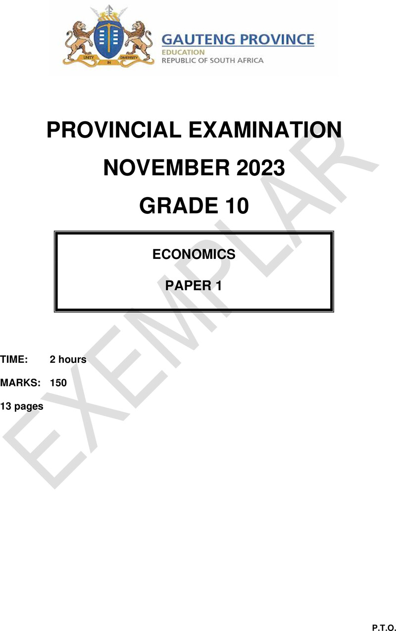 Grade 10 Economics past paper 2023 – grade 10 provincial exam economics p1 ng november 2023 qp