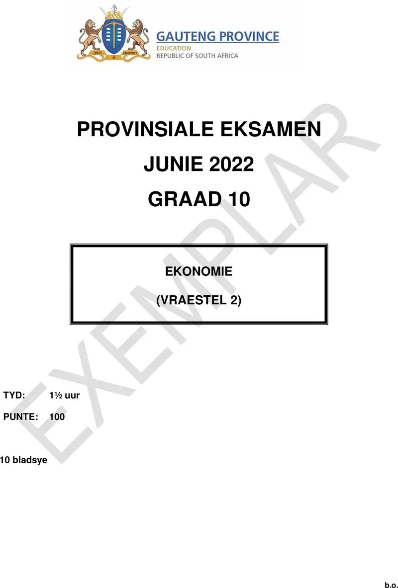 Grade 10 Economics past paper 2022 – grade 10 provincial exam economics p2 afr june 2022 qp