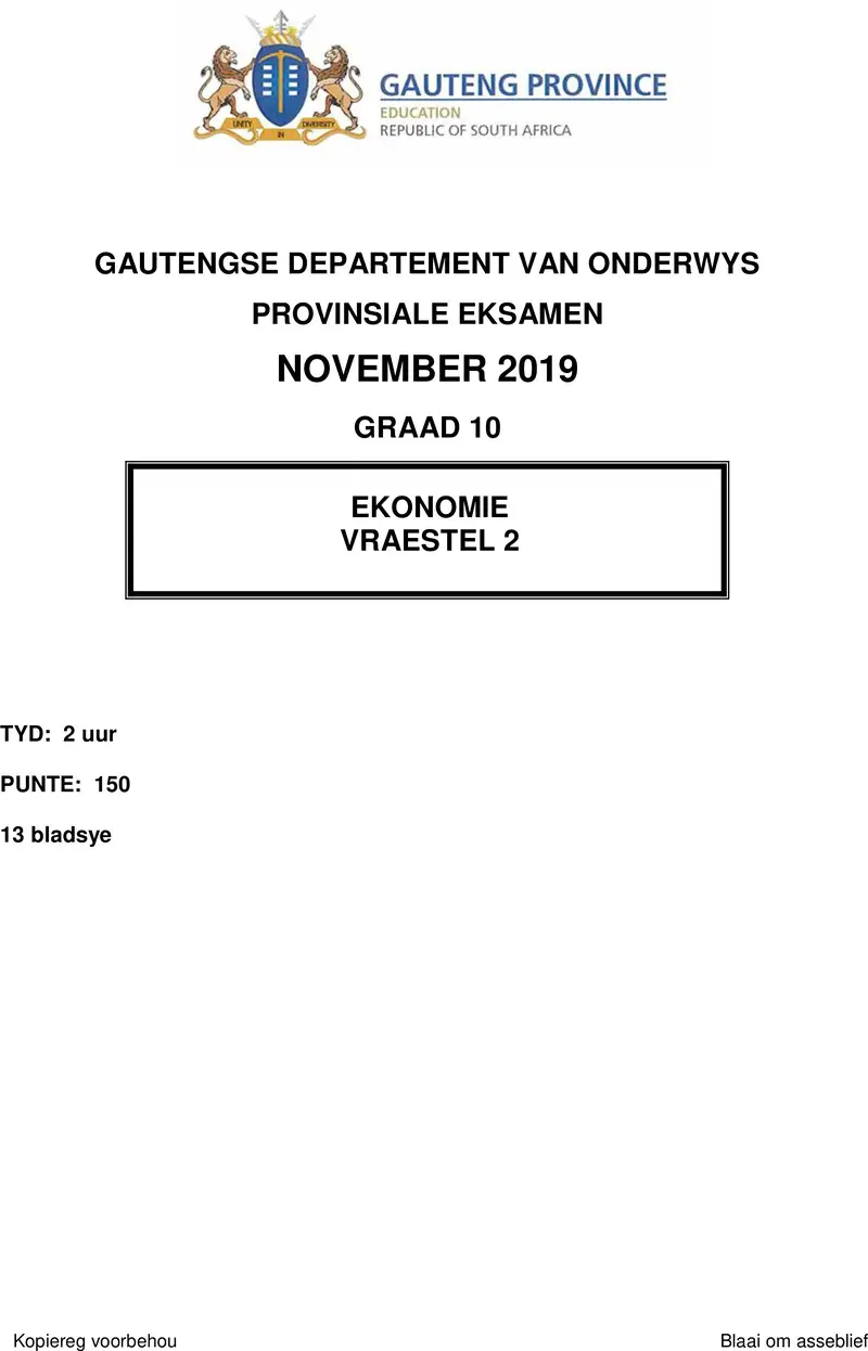 Grade 10 Economics past paper 2019 – grade 10 provincial exam economics p2 afr november 2019 qp