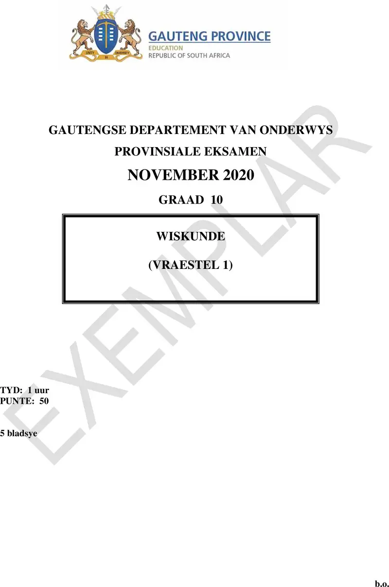 Grade 10 Mathematics past paper 2020 – grade 10 provincial exam mathematics p1 afr 2020 exemplars qp