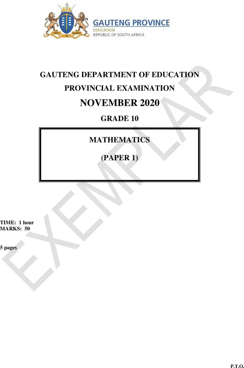 Grade 10 Mathematics past paper 2020 – grade 10 provincial exam mathematics p1 ng 2020 exemplars qp