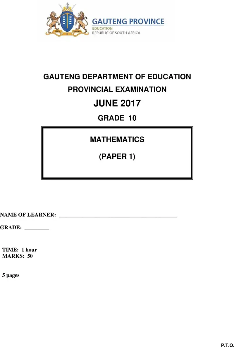 Grade 10 Mathematics past paper 2017 – grade 10 provincial exam mathematics p1 ng june 2017 qp