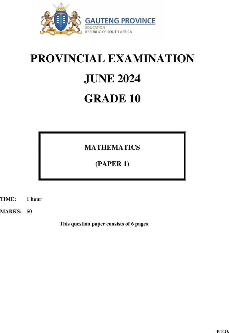 Grade 10 Mathematics past paper 2024 – grade 10 provincial exam mathematics p1 ng june 2024 qp