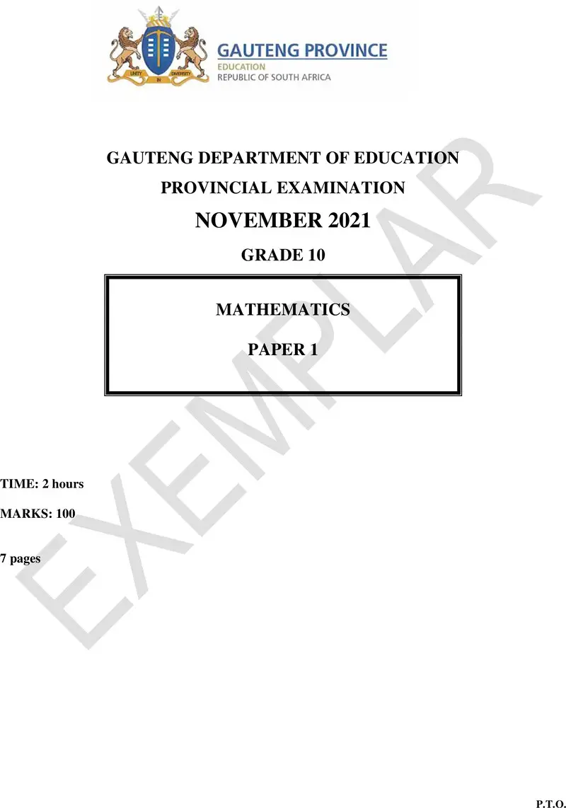 Grade 10 Mathematics past paper 2021 – grade 10 provincial exam mathematics p1 ng november 2021 qp
