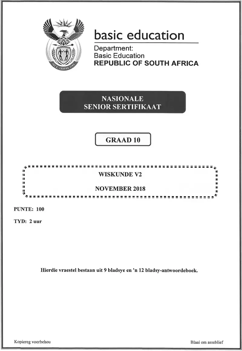 Grade 10 Mathematics past paper 2018 – grade 10 provincial exam mathematics p2 afr november 2018 qp
