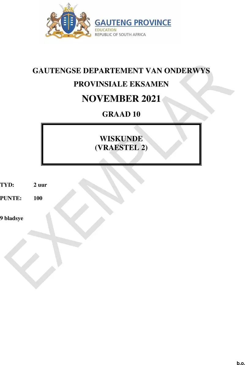 Grade 10 Mathematics past paper 2021 – grade 10 provincial exam mathematics p2 afr november 2021 qp