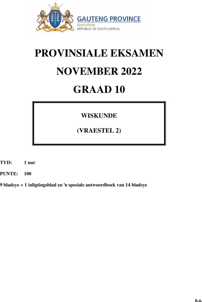 Grade 8 Mathematics past paper 2022 – grade 10 provincial exam mathematics p2 afr november 2022 qp