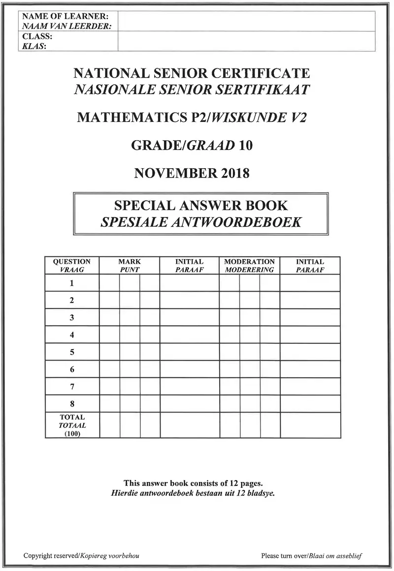 Grade 10 Mathematics past paper 2018 – grade 10 provincial exam mathematics p2 ng and afr november 2018 answer book