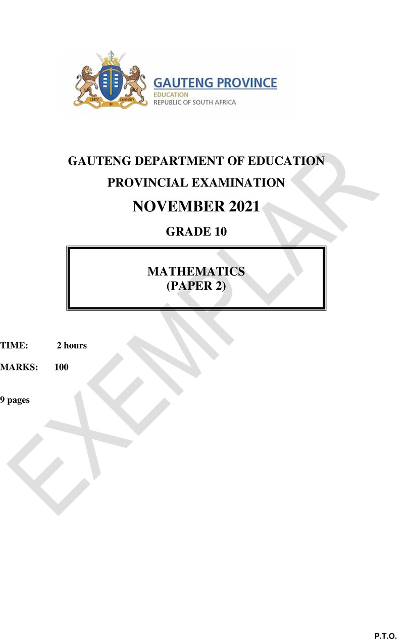 Grade 10 Mathematics past paper 2021 – grade 10 provincial exam mathematics p2 ng november 2021 qp