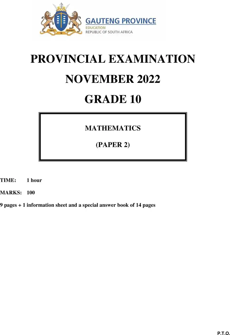 Grade 8 Mathematics past paper 2022 – grade 10 provincial exam mathematics p2 ng november 2022 qp