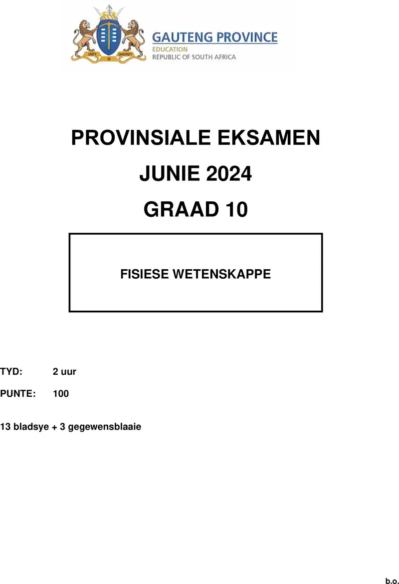 Grade 10 Physical Sciences past paper 2024 – grade 10 provincial exam physical sciences afr june 2024 qp