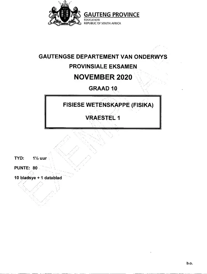 Grade 10 Physical Sciences past paper 2020 – grade 10 provincial exam physical sciences p1 afr 2020 exemplars qp
