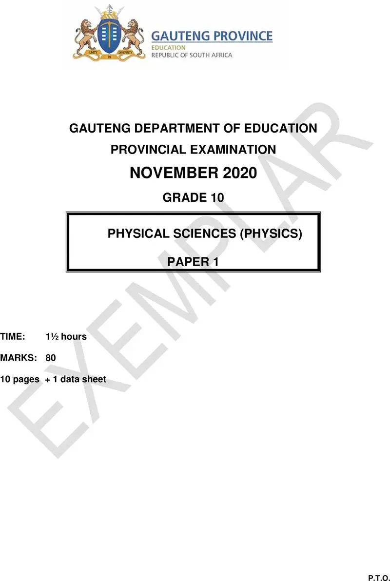 Grade 10 Physical Sciences past paper 2020 – grade 10 provincial exam physical sciences p1 ng 2020 exemplars qp