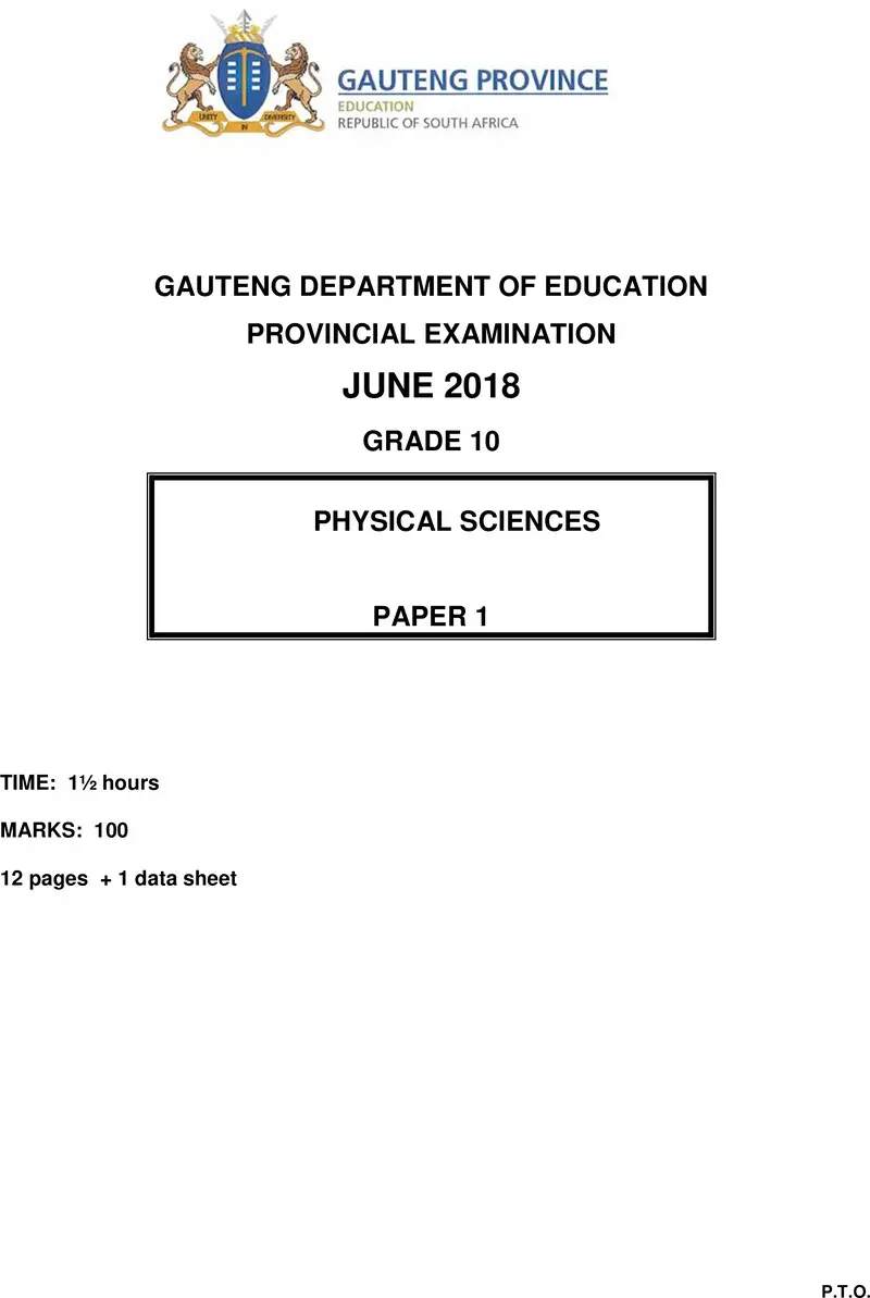 Grade 10 Physical Sciences past paper 2018 – grade 10 provincial exam physical sciences p1 ng june 2018 qp