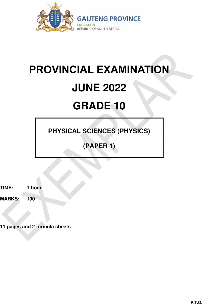 Grade 10 Physical Sciences past paper 2022 – grade 10 provincial exam physical sciences p1 ng june 2022 qp