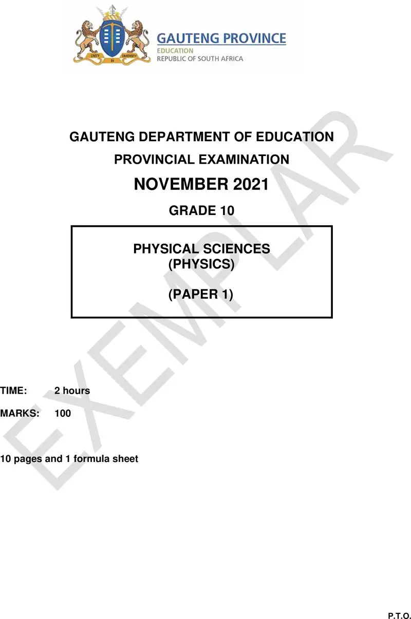 Grade 10 Physical Sciences past paper 2021 – grade 10 provincial exam physical sciences p1 ng november 2021 qp