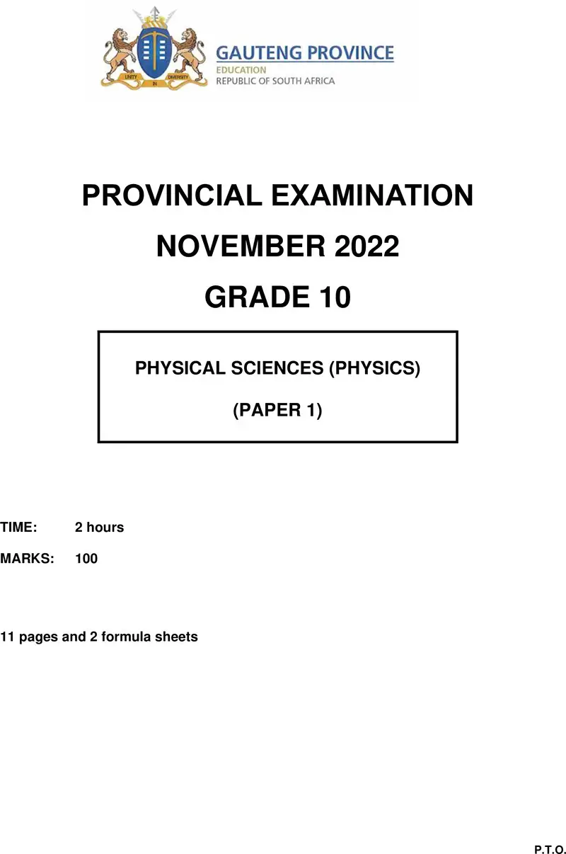 Grade 10 Physical Sciences past paper 2022 – grade 10 provincial exam physical sciences p1 ng november 2022 qp