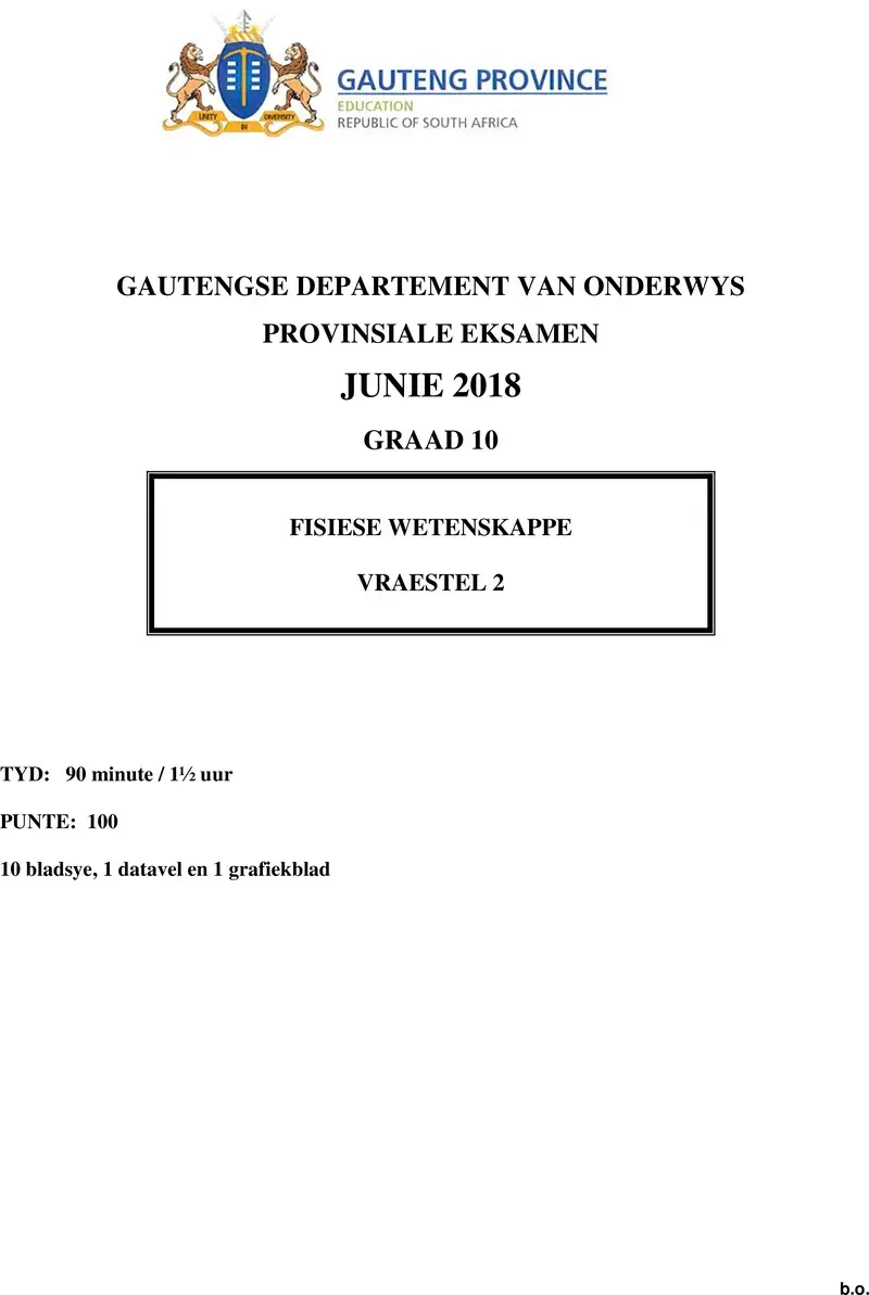 Grade 10 Physical Sciences past paper 2018 – grade 10 provincial exam physical sciences p2 afr june 2018 qp