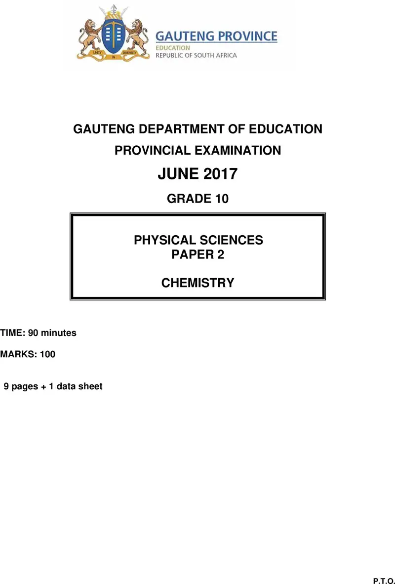 Grade 10 Physical Sciences past paper 2017 – grade 10 provincial exam physical sciences p2 ng june 2017 qp