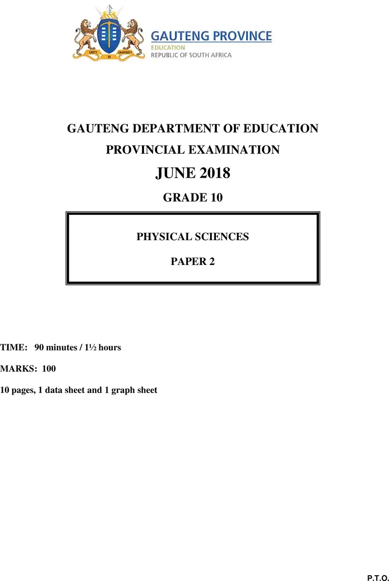 Grade 10 Physical Sciences past paper 2018 – grade 10 provincial exam physical sciences p2 ng june 2018 qp