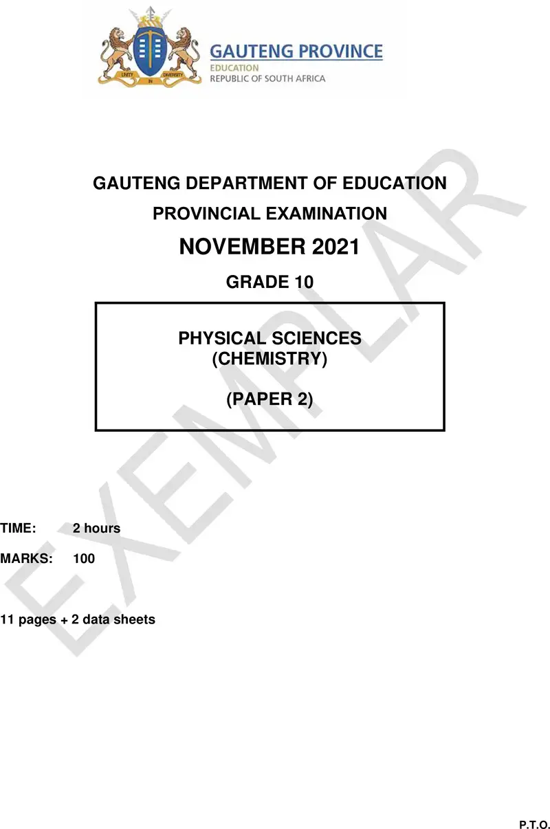 Grade 10 Physical Sciences past paper 2021 – grade 10 provincial exam physical sciences p2 ng november 2021 qp