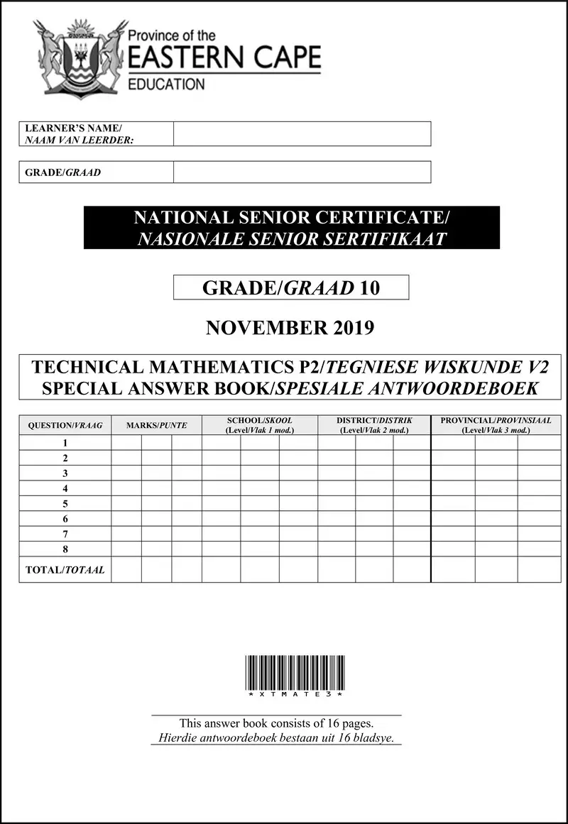 Grade 10 Technical Mathematics past paper 2019 – grade 10 provincial exam technical maths p2 ng and afr november 2019 answerbook
