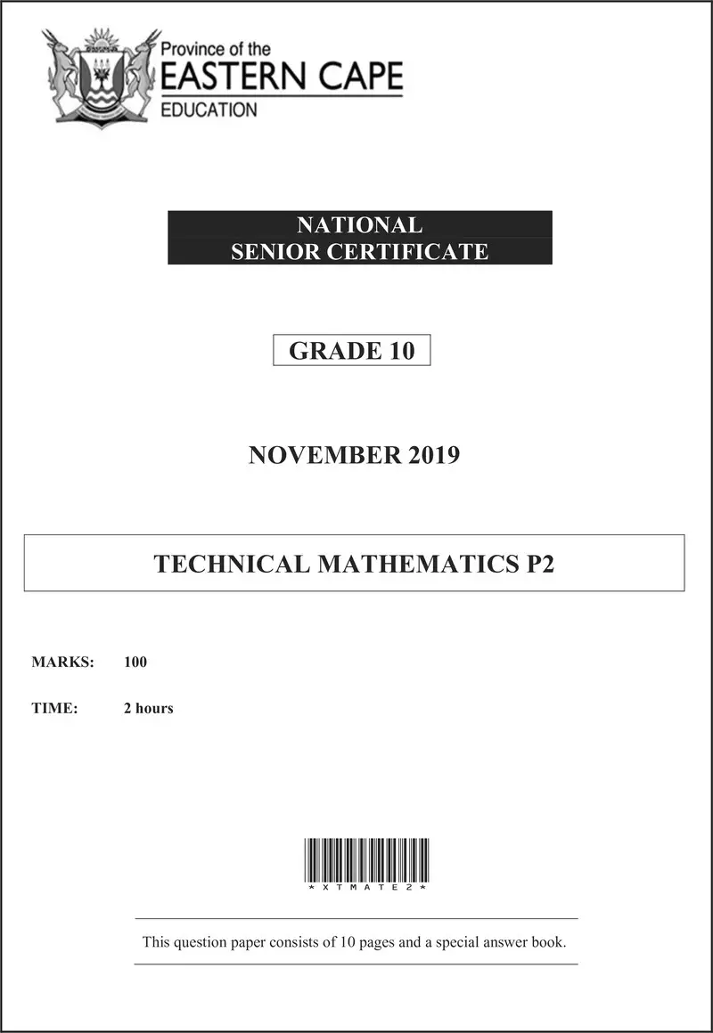 Grade 10 Technical Mathematics past paper 2019 – grade 10 provincial exam technical maths p2 ng november 2019 qp