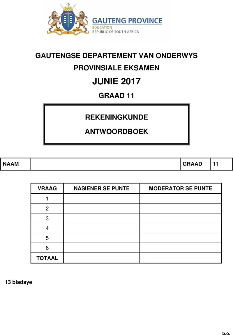 Grade 11 Accounting past paper 2017 – grade 11 provincial exam accounting afr june 2017 qp answer book