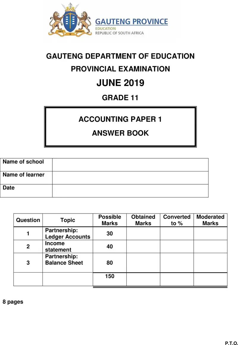 Grade 11 Accounting past paper 2019 – grade 11 provincial exam accounting p1 ng june 2019 answer book
