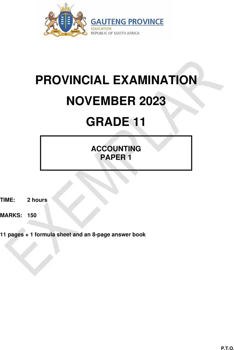 Grade 11 Accounting past paper 2023 – grade 11 provincial exam accounting p1 ng november 2023 qp