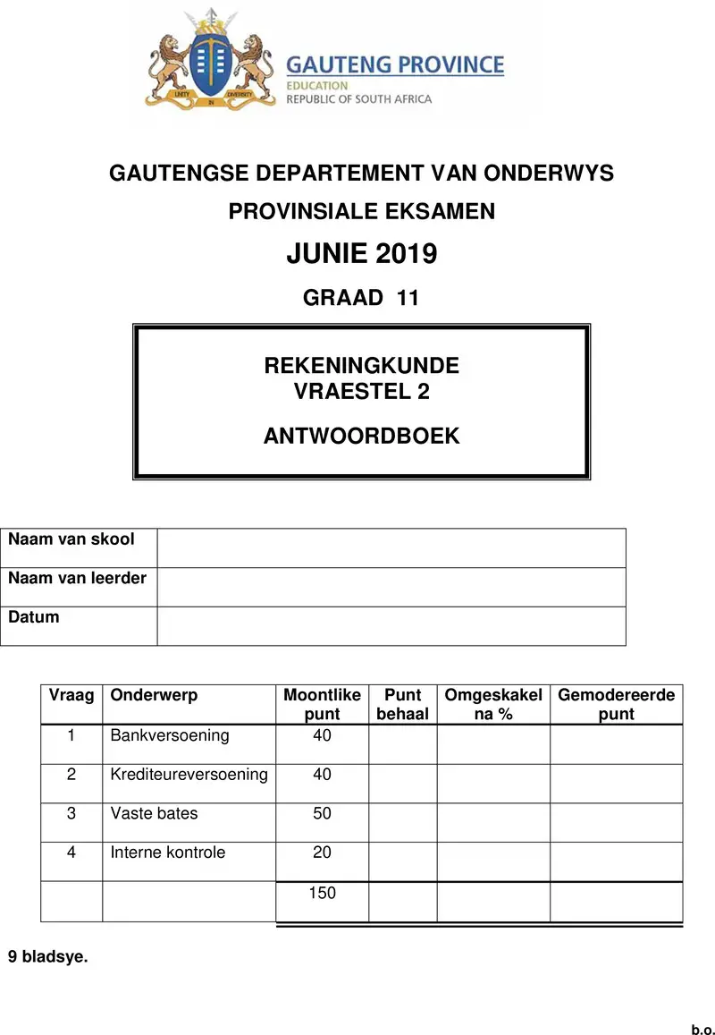 Grade 11 Accounting past paper 2019 – grade 11 provincial exam accounting p2 afr june 2019 answer book