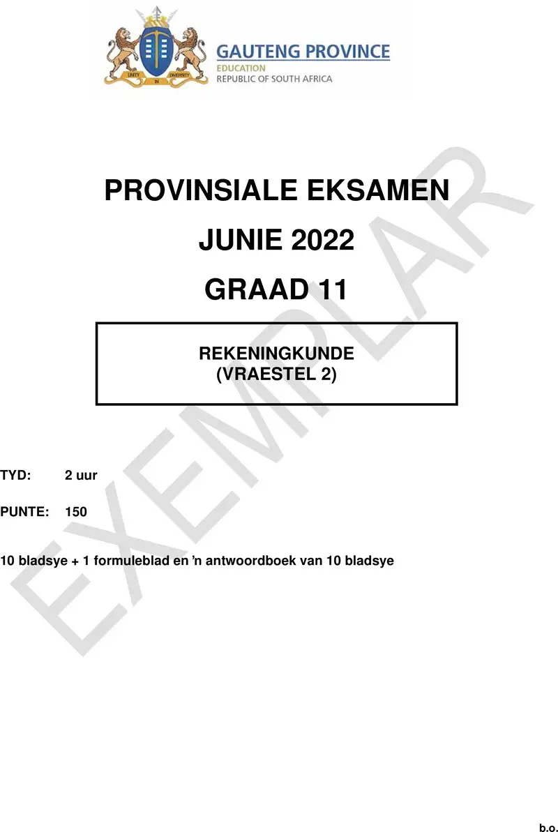 Grade 11 Accounting past paper 2022 – grade 11 provincial exam accounting p2 afr june 2022 qp