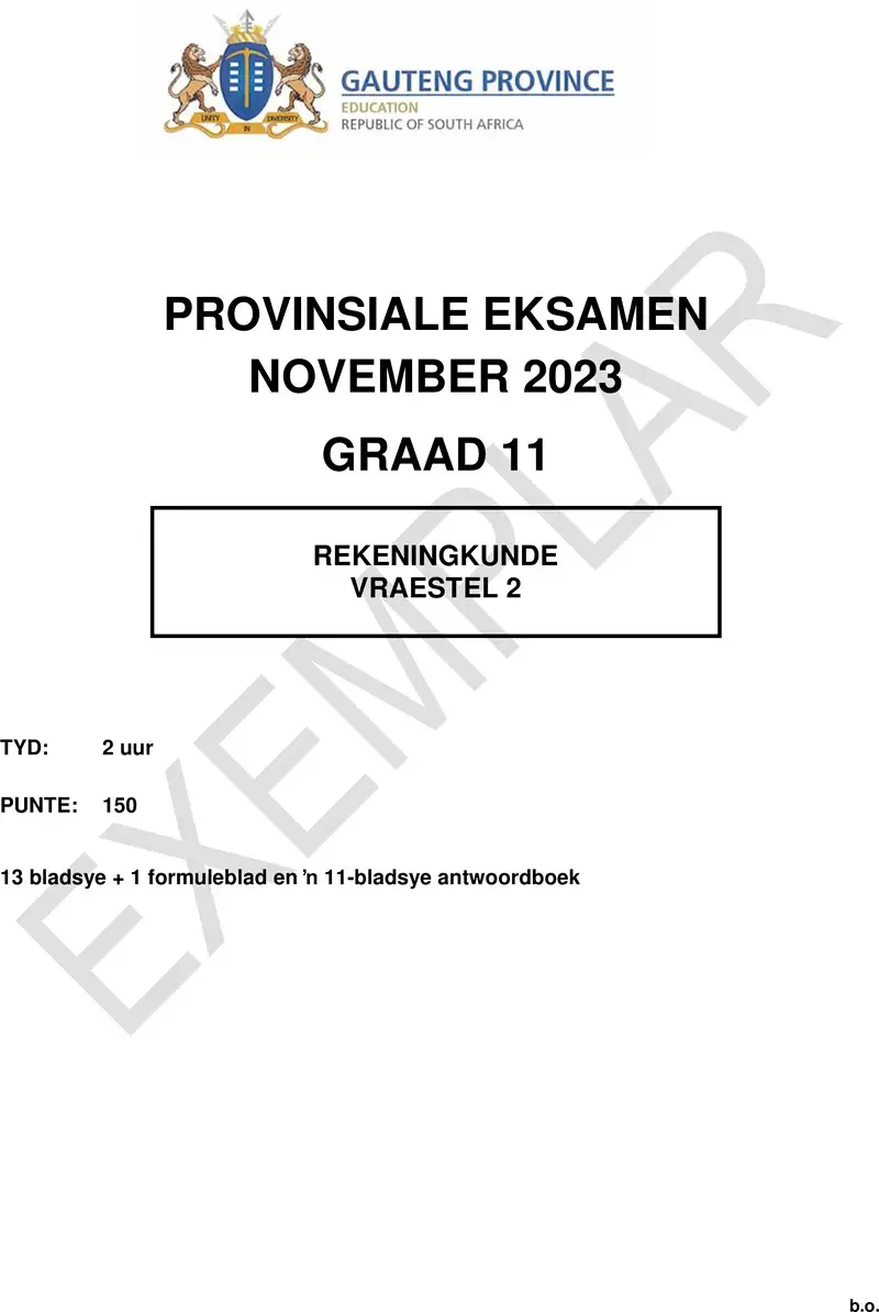 Grade 11 Accounting past paper 2023 – grade 11 provincial exam accounting p2 afr november 2023 qp