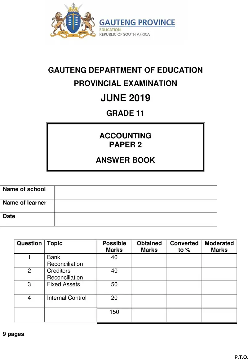 Grade 11 Accounting past paper 2019 – grade 11 provincial exam accounting p2 ng june 2019 answer book