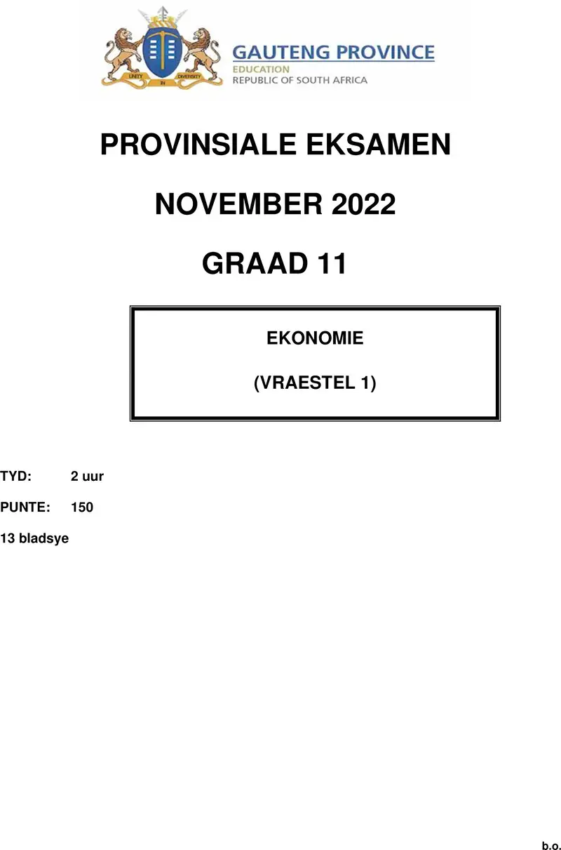 Grade 11 Economics past paper 2022 – grade 11 provincial exam economics p1 afr november 2022 qp