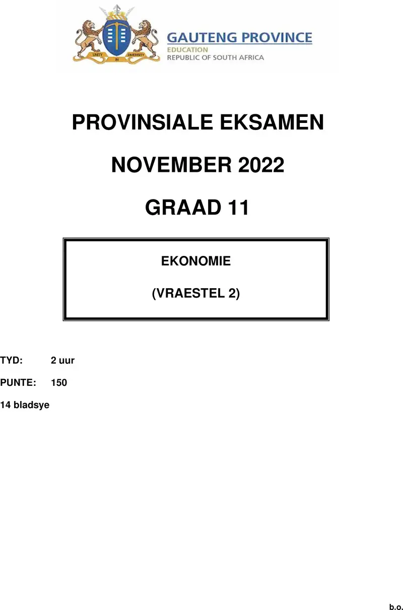 Grade 11 Economics past paper 2022 – grade 11 provincial exam economics p2 afr november 2022 qp