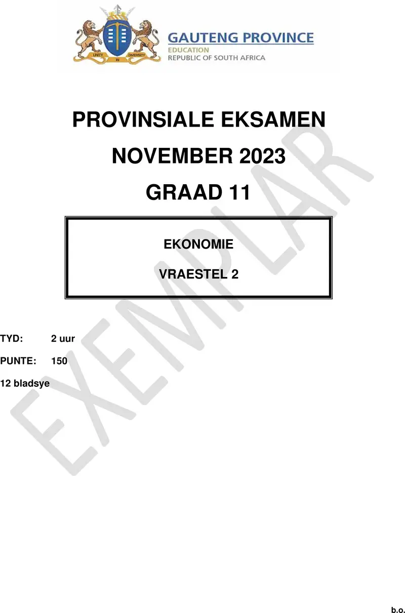 Grade 11 Economics past paper 2023 – grade 11 provincial exam economics p2 afr november 2023 qp