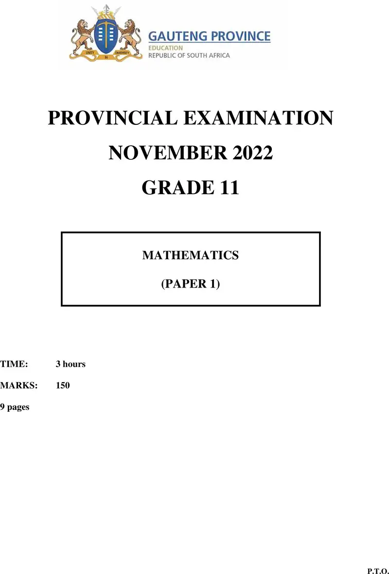 Grade 11 Mathematics past paper 2022 – grade 11 provincial exam mathematics p1 ng november 2022 qp