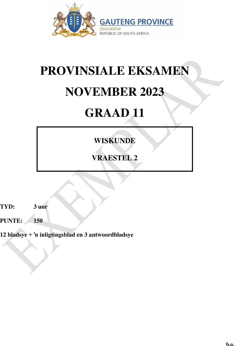 Grade 11 Mathematics past paper 2023 – grade 11 provincial exam mathematics p2 afr november 2023 qp