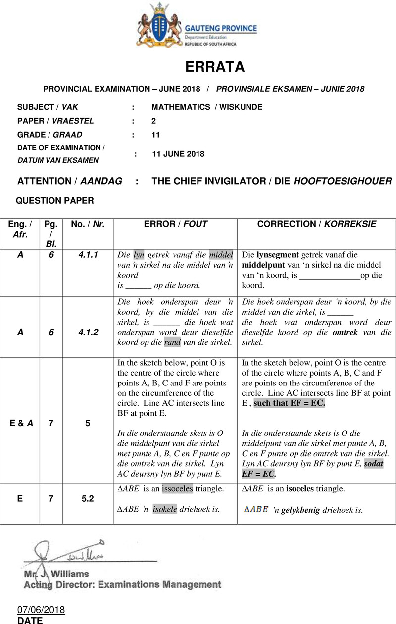 Grade 11 Mathematics past paper 2018 – grade 11 provincial exam mathematics p2 june 2018 qp errata