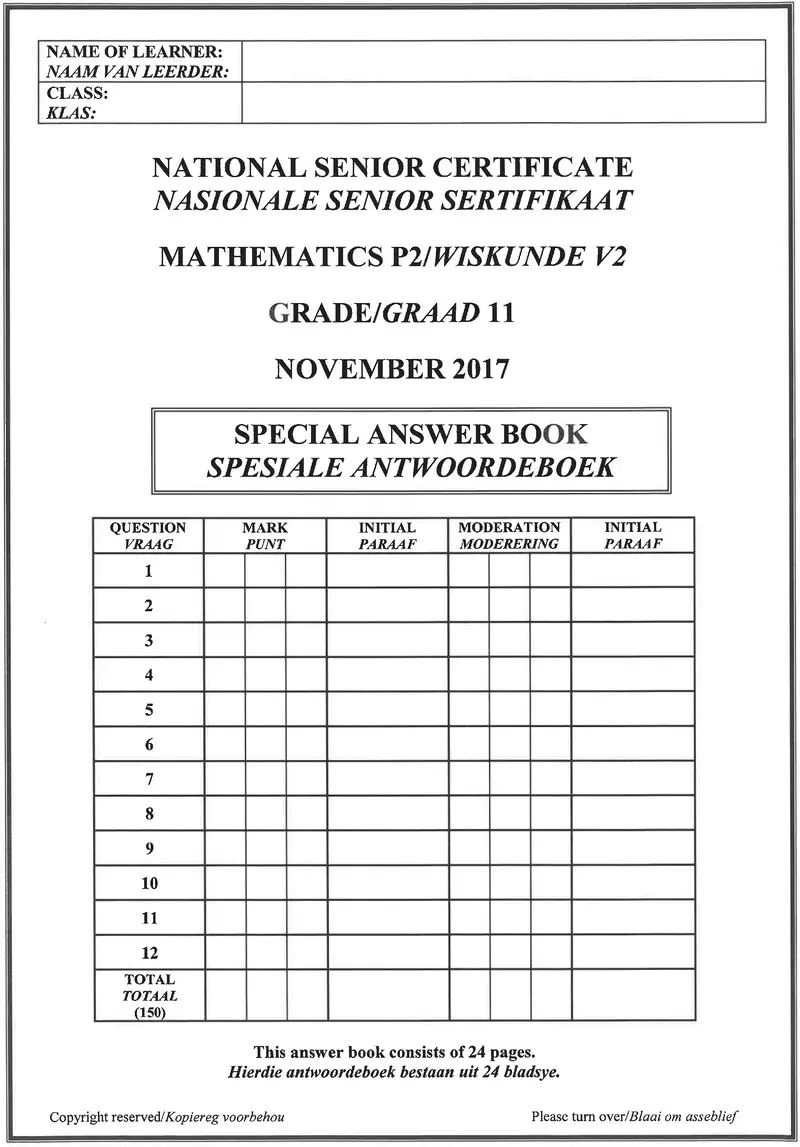 Grade 11 Mathematics past paper 2017 – grade 11 provincial exam mathematics p2 ng and afr november 2017 answer book