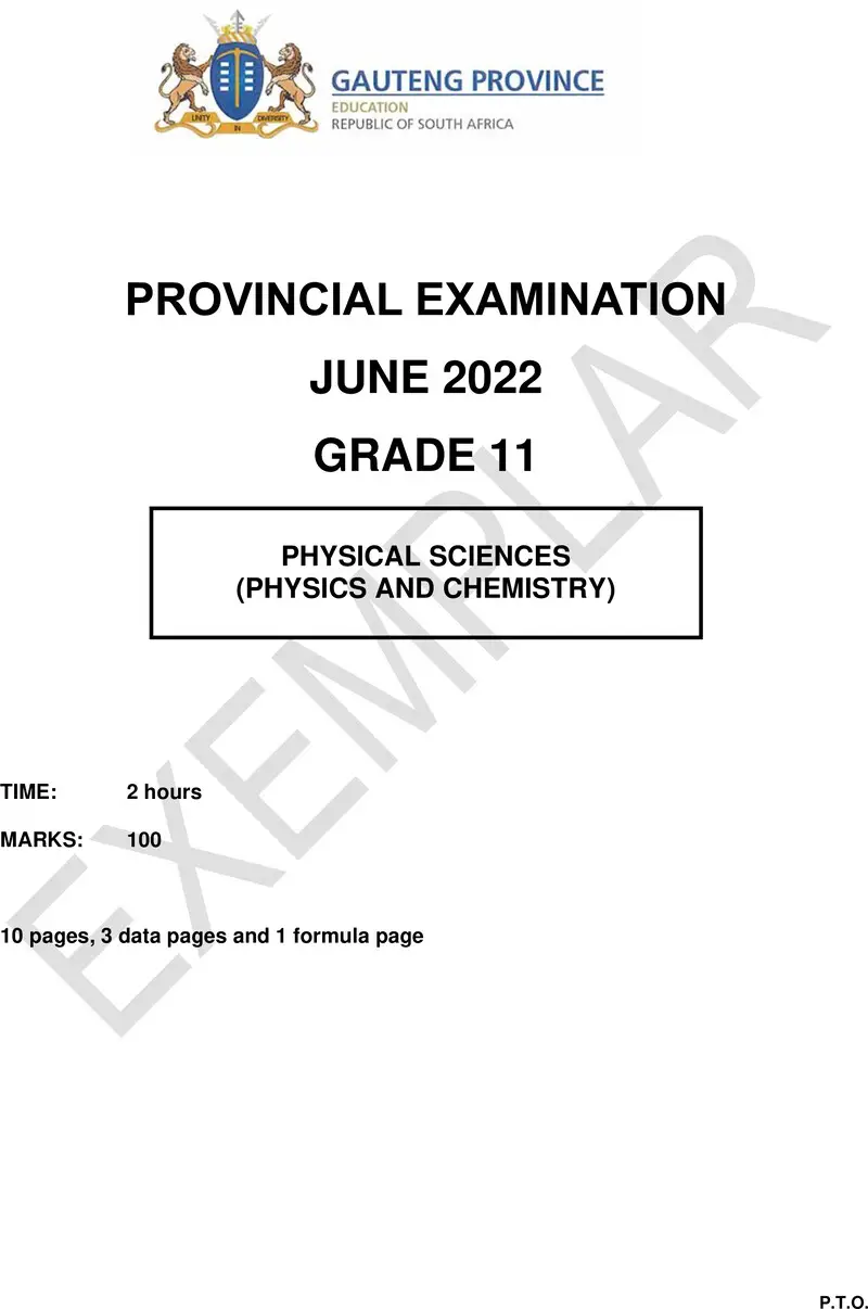Grade 11 Physical Sciences past paper 2022 – grade 11 provincial exam physical sciences ng june 2022 qp