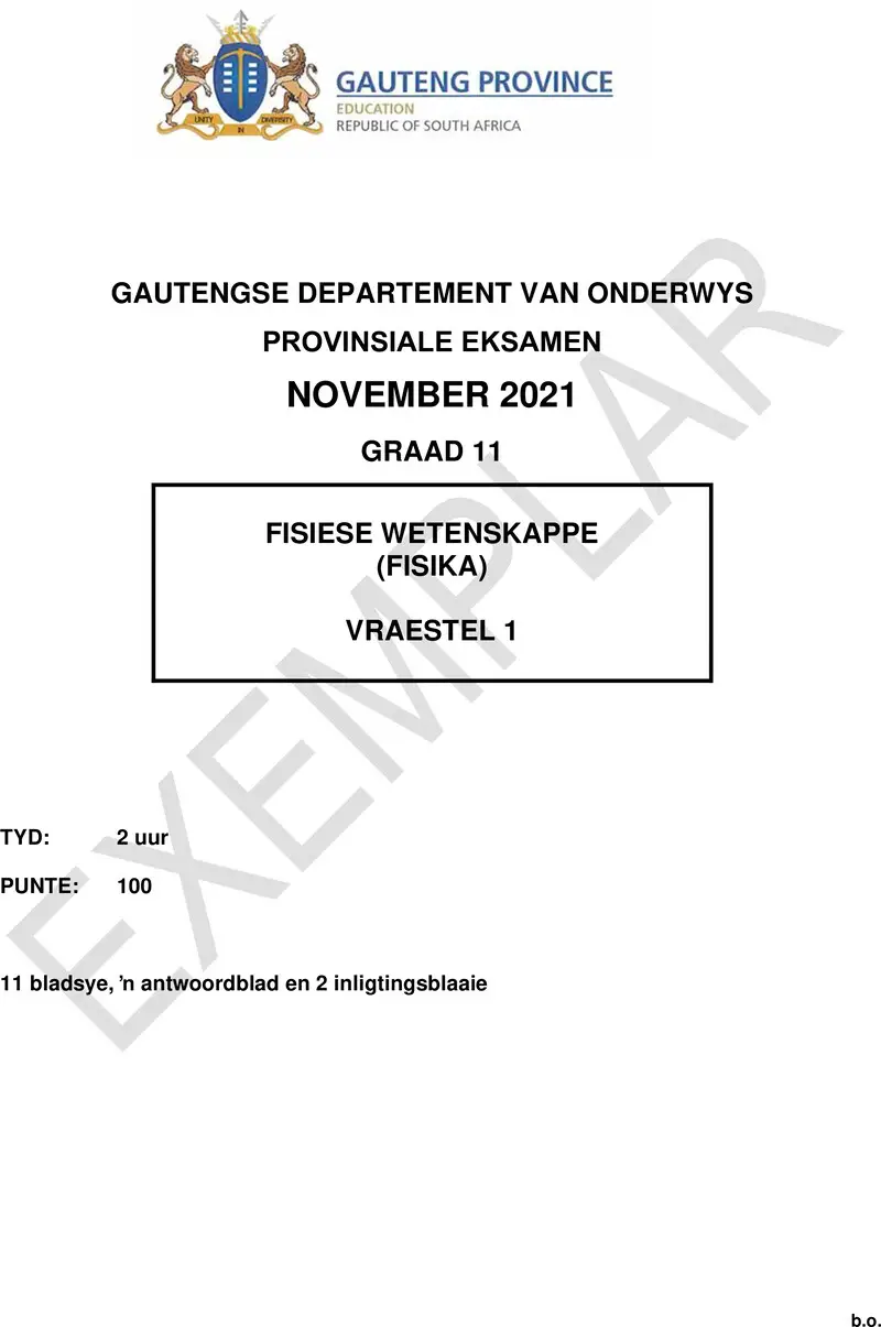 Grade 11 Physical Sciences past paper 2021 – grade 11 provincial exam physical sciences p1 afr november 2021 qp