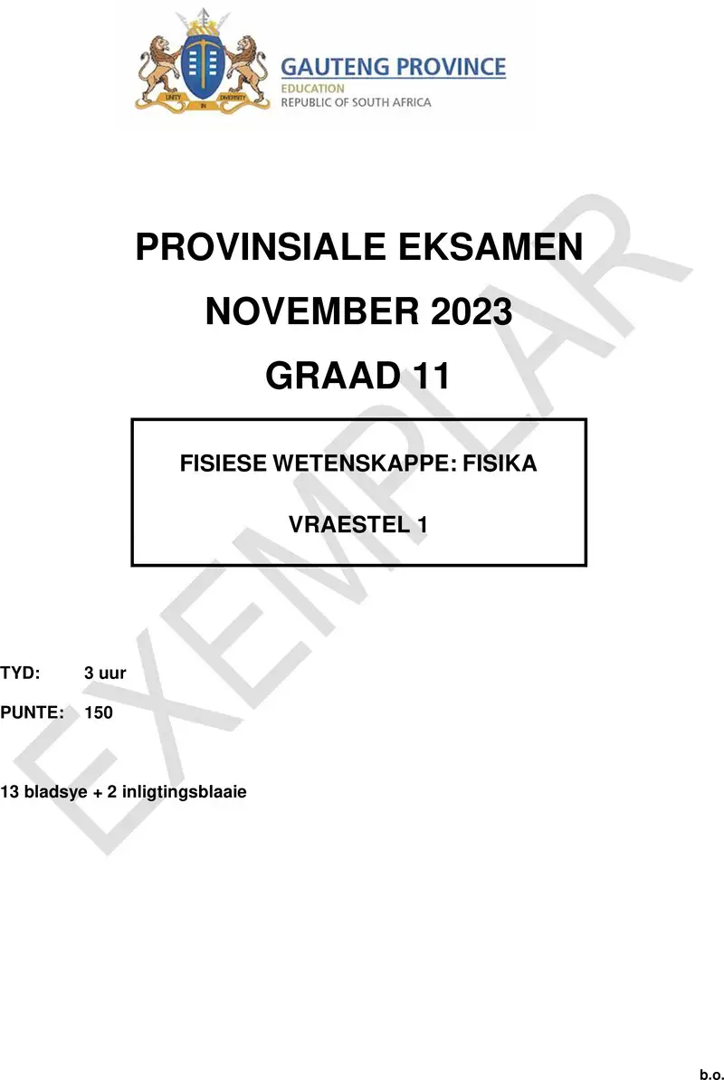 Grade 11 Physical Sciences past paper 2023 – grade 11 provincial exam physical sciences p1 afr november 2023 qp