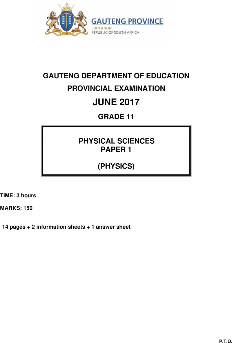 Grade 11 Physical Sciences past paper 2017 – grade 11 provincial exam physical sciences p1 june 2017 qp