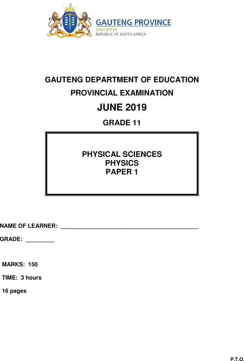 Grade 11 Physical Sciences past paper 2019 – grade 11 provincial exam physical sciences p1 ng june 2019 qp