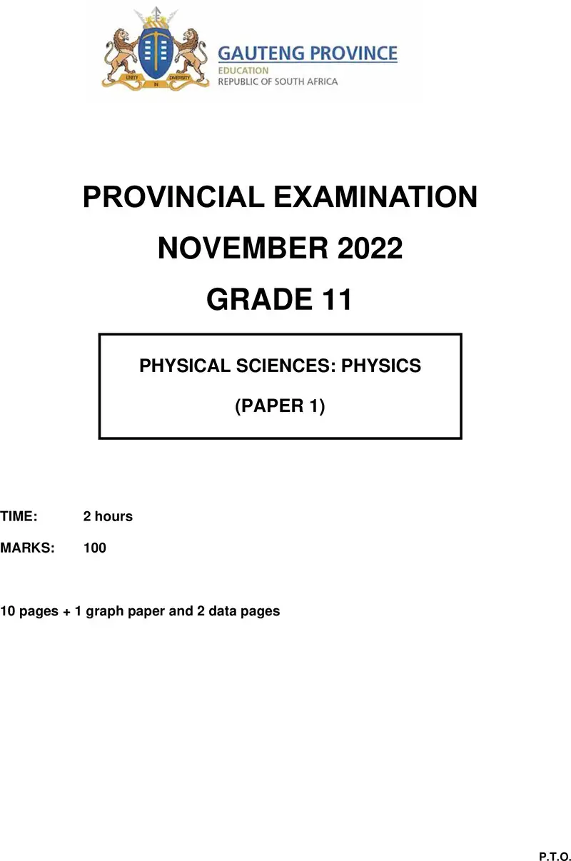 Grade 11 Physical Sciences past paper 2022 – grade 11 provincial exam physical sciences p1 ng november 2022 qp