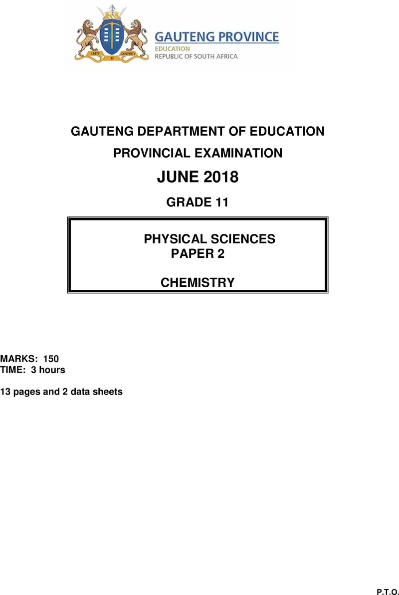 Grade 11 Physical Sciences past paper 2018 – grade 11 provincial exam physical sciences p2 june 2018 qp