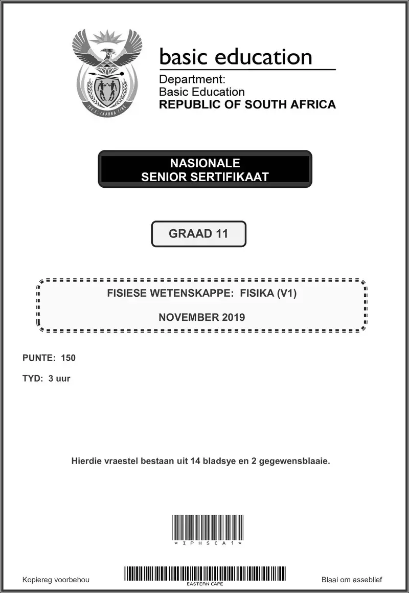 Grade 11 Physical Sciences past paper 2019 – grade 11 provinvial exam physical sciences p1 afr november 2019 qp